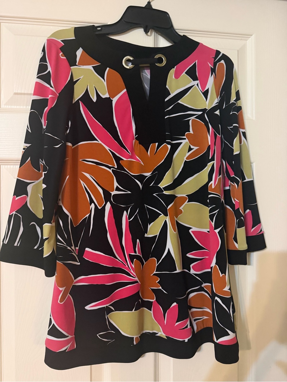 Joseph Ribkoff women Black Floral Tunic Top with Pink and Olive Accents
